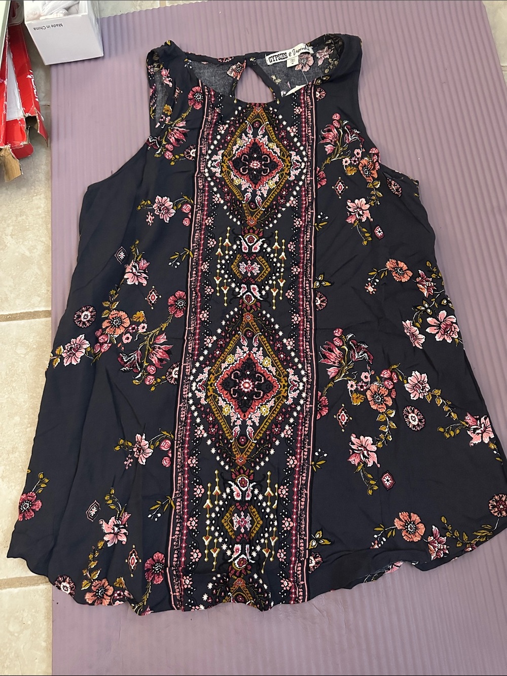 Gypsies & Moondust Black Floral Embroidered Halter Tank